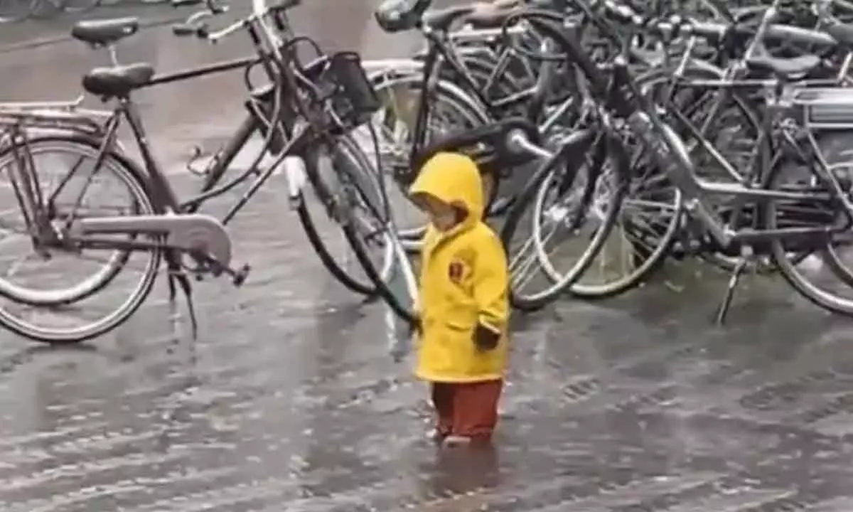 A toddler, completely oblivious to the world, is seen enjoying the rain.