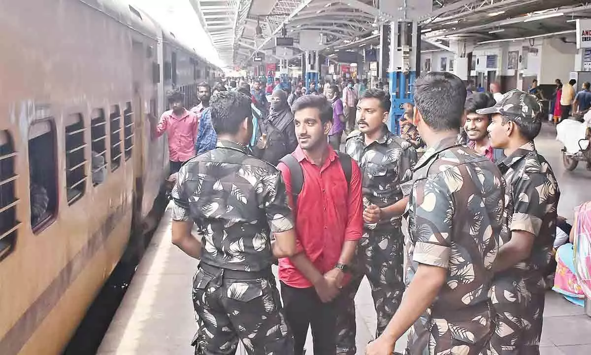 Security personnel deployed as a precautionary measure at Vijayawada railway station on Friday