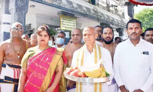 TTD EO A V Dharma Reddy taking the Kalyanamastu Muhurta Patrika in a procession to Srivari temple at Tirumala on Friday. JEOs Sada Bhargavi and Veerabrahmam are also seen.
