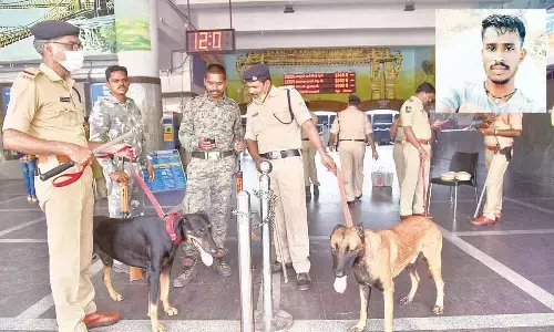 Cops guarding Kazipet Railway Station on Friday; Rakesh(Inset)