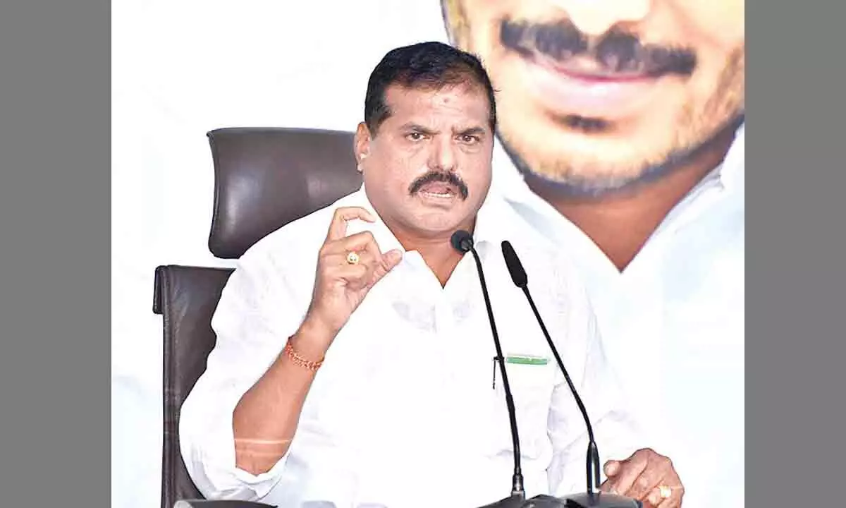 Education Minister Botcha Satyanarayana addressing the media at the YSRCP central office in Tadepalli on Saturday