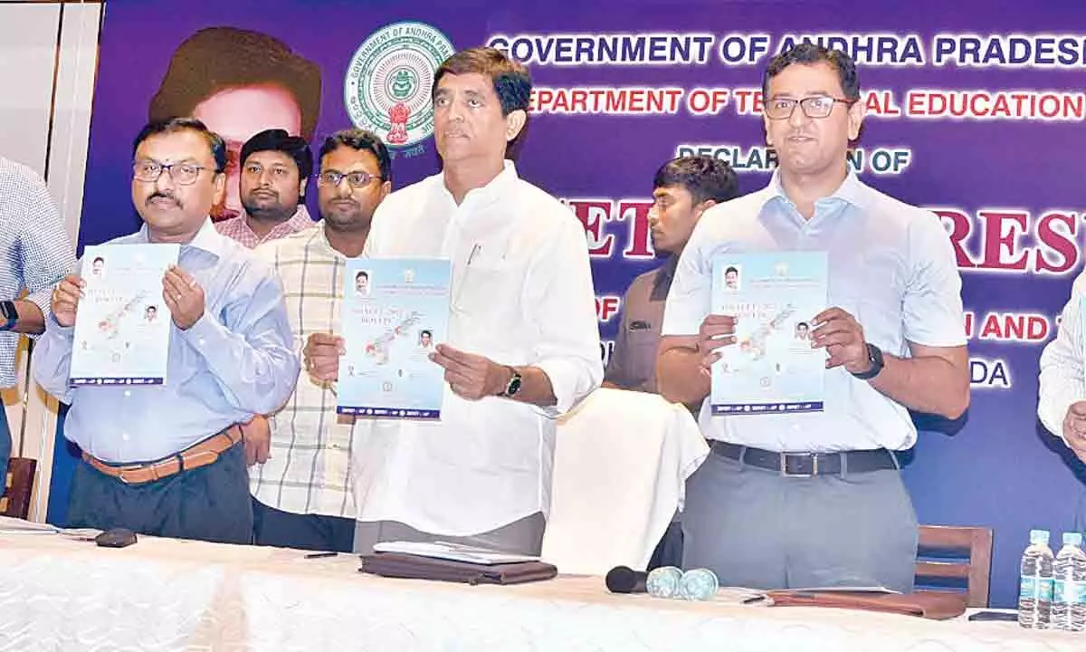 Finance Minister Buggana Rajendranath Reddy releasing Polycet-2022 results in Vijayawada on Saturday