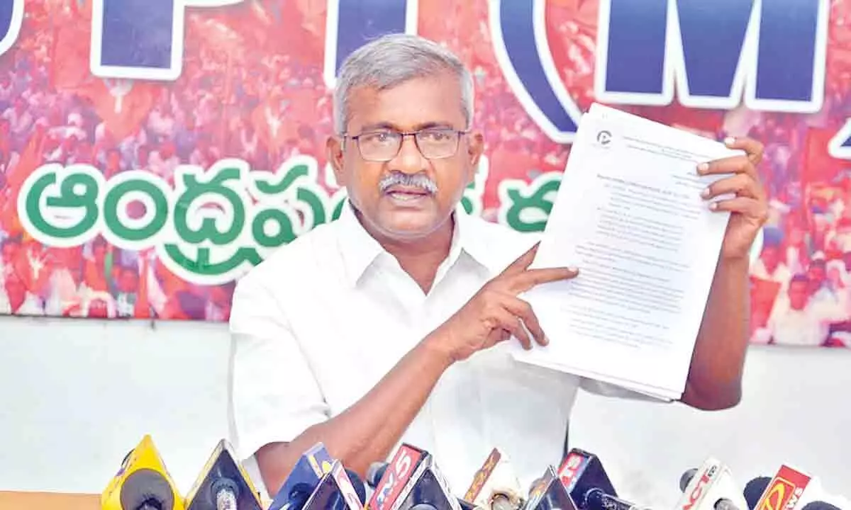 CPM executive member Chigurupati Babu Rao at a press meet at SriSri Bhavan in Vijayawada on Sunday