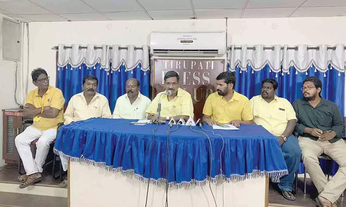 TDP Tirupati parliament president G Narasimha Yadav addressing the media in Tirupati on Sunday. Party SC Cell president Sripathi Babu and other leaders are seen.