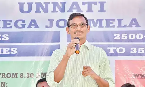 District Collector P Koteshwara Rao addressing the inaugural ceremony of Unnati Mega Job Mela at Nehru Memorial High School in Kurnool on Sunday