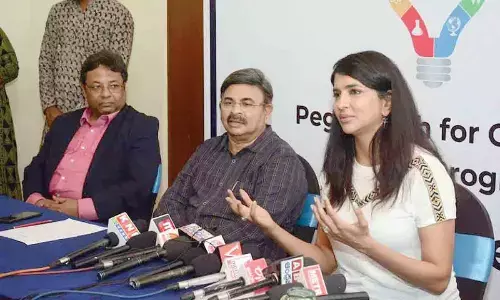 Lakshmi Manchu sharing details about the literacy programme ‘Pega Teach for Change’ in Visakhapatnam on Sunday