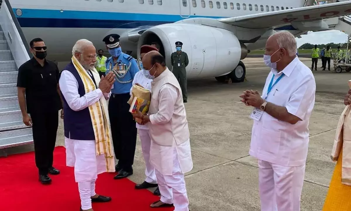 Prime Minister Narendra Modi arrived here on a two-day Karnataka visit on Monday.