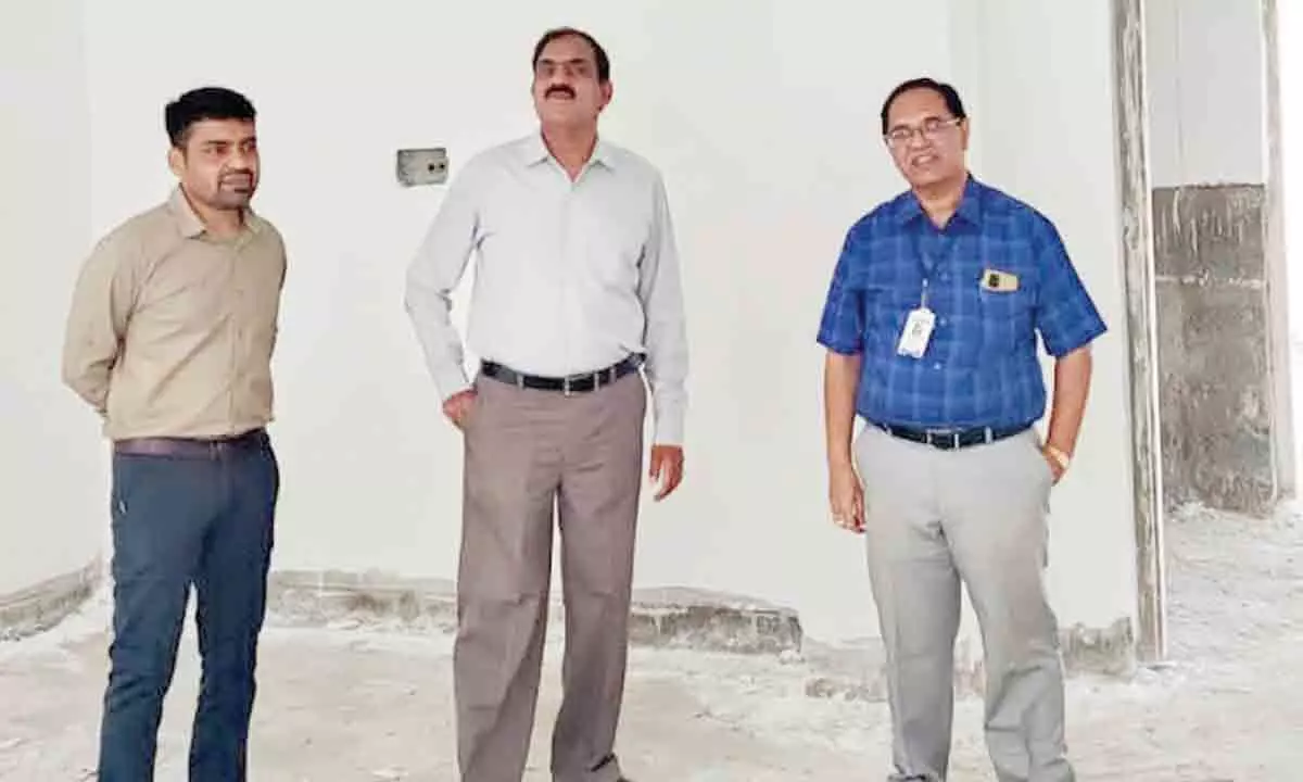 Kurnool Government General Hospital superintendent Dr G Narendranath Reddy accompanied by deputy superintendent Dr C Prabhakar Reddy inspecting the diagnostic block construction works on Monday