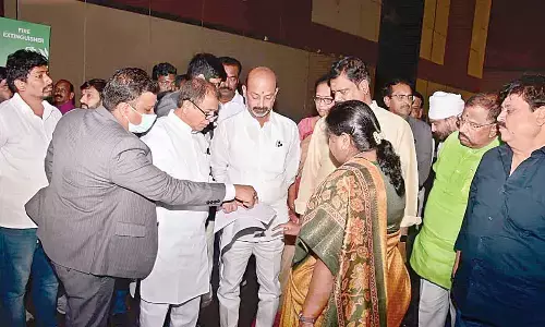 Telangana BJP president Bandi Sanjay Kumar along with other leaders reviewing the arrangements for the partys National Executive Committee meeting at Novotel in Hyderabad on Monday