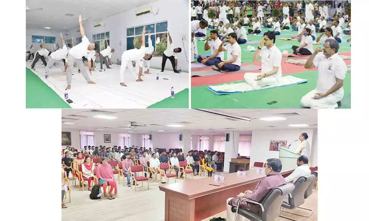 Minister of State for Ports, Shipping and Waterways Shantanu Thakur performing an asana at Swarna Bharathi indoor stadium in Visakhapatnam on Tuesday