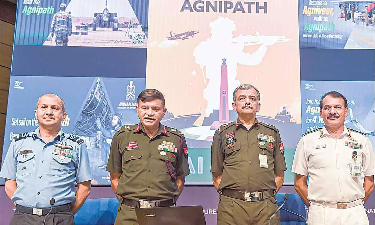 Air Officer-in-Charge Personnel Air Marshal Suraj Kumar Jha, Adjutant General of the Indian Army Lt General CB Ponnappa, Department of Military Affairs Additional Secretary Lt General Anil Puri and Indian Navys Chief of Personnel Vice Admiral Dinesh K Tripathi during a press conference regarding the Central governments Agnipath scheme, at National Media Centre in New Delhi on Tuesday