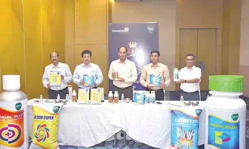 Agro Chemical and Fertilizers Company, Coromandel International Ltd, officials launching new products at a programme at Hotel Novotel in Vijayawada on Tuesday