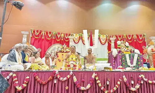 Priests conducting Srinivasa Kalyanam in Seattle city, USA, on Tuesday. TTD chairman Y V Subba Reddy participated in the spiritual event.