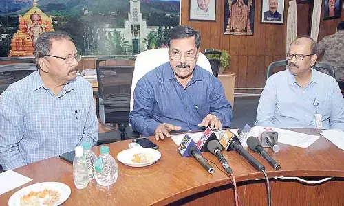 SVU V-C Prof K Raja Reddy speaking to the media in Tirupati on Tuesday. Registrar Prof O Md Hussain and Rector Prof V Srikanth Reddy are also seen.