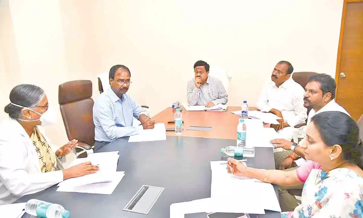 Tirupati District Collector K Venkata Ramana Reddy conducting Ruia Hospital Development Society (HDS) meeting on Wednesday. MLA B Karunakar Reddy, hospital superintendent Dr T Bharathi and others are seen.