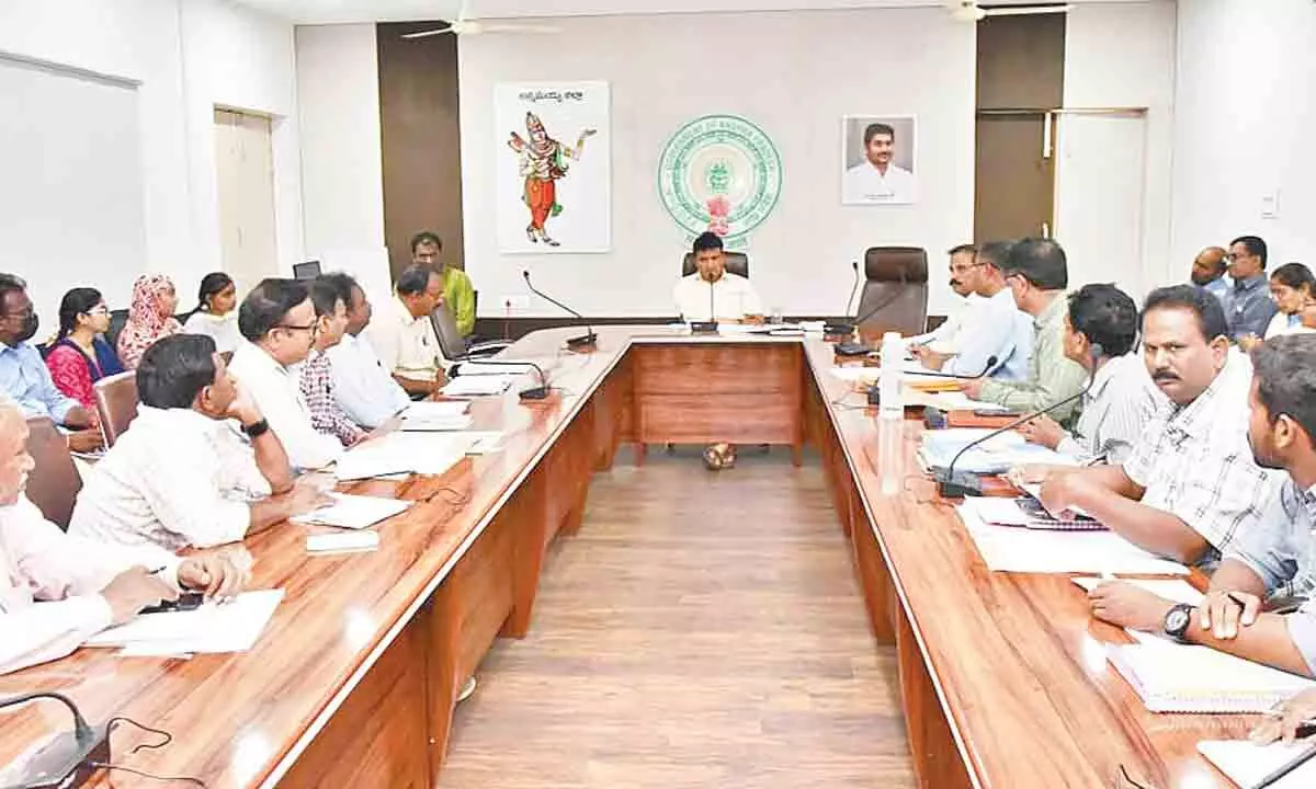 Annamayya District Collector P S Girisha holding a meeting with officials of Panchayat Raj department in Rayachoti on Wednesday