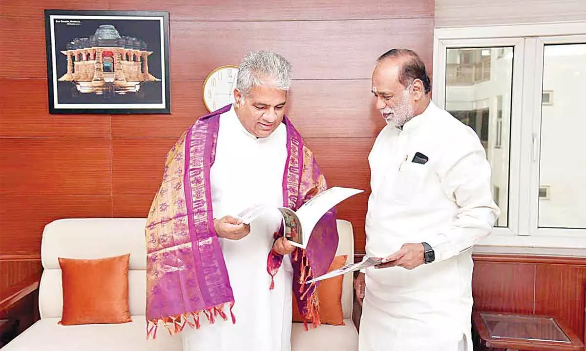 Rajya Sabha MP Dr K Laxman meets Union minister Bhupinder Yadav in New Delhi on Wednesday