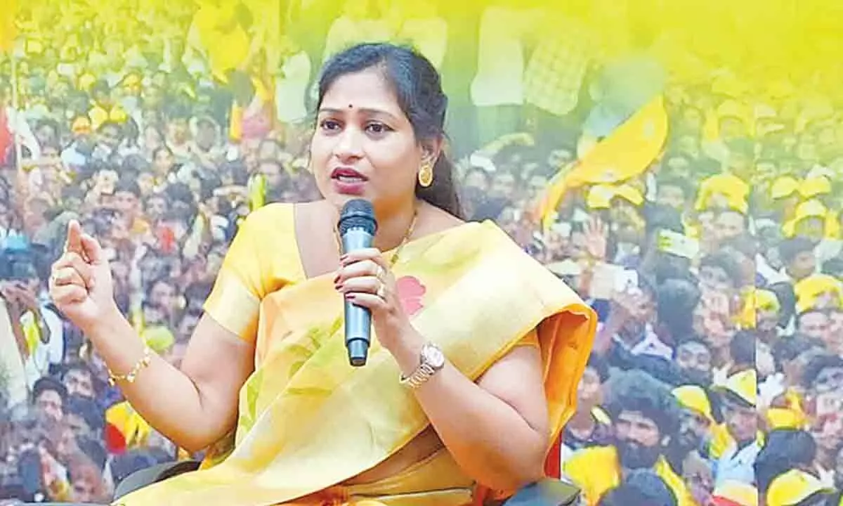 TDP politburo member Vangalapudi Anitha speaking to the media in Visakhapatnam on Thursday