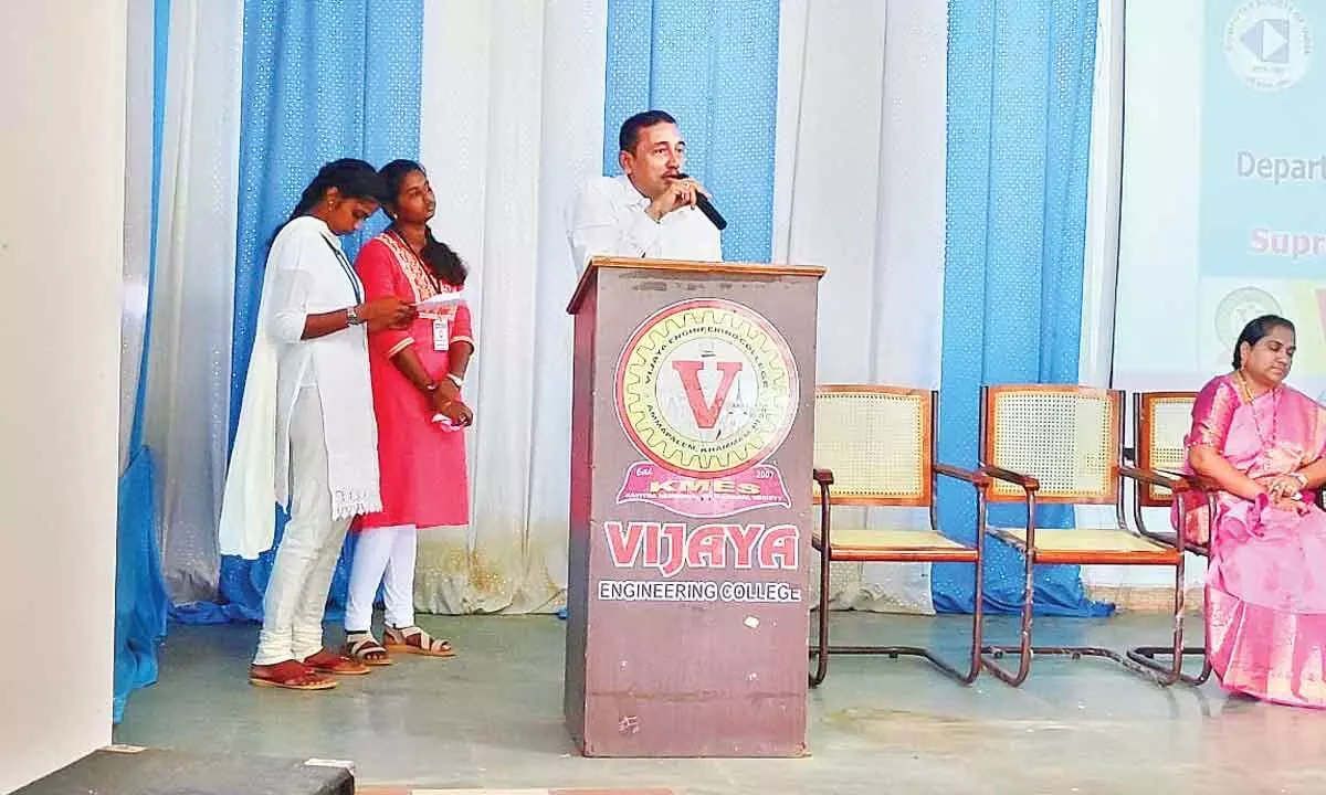 Vijaya Engineering College Chairman Parupalli Usha Kiran Kumar speaking at a workshop at the college on Thursday.