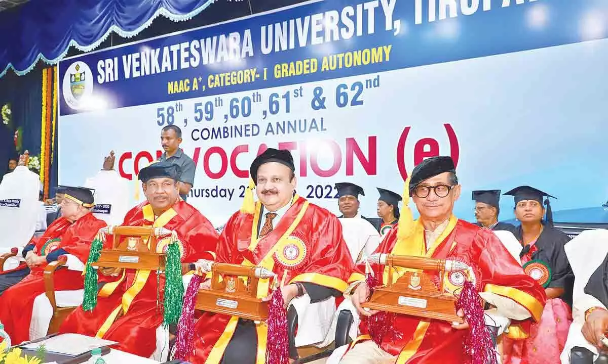 Narala Rama Reddy, Indla Rama Subba Reddy and Chandra Bhanu Satpathy with their honorary doctorates at SV University convocation in Tirupati on Thursday