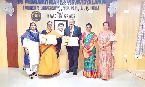 SPMVV V-C Prof D Jamuna and Director of VIMHANS Dr Indla Ramasubba Reddy exchanging MoU on Thursday. Registrar Prof DM Mamatha and Prof Rajani are also seen