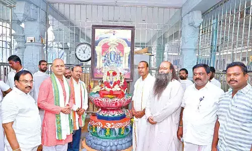 Endowments Principal Secretary A K Singhal, Commissioner Hari Jawaharlal and others at Kanipakam temple on Thursday