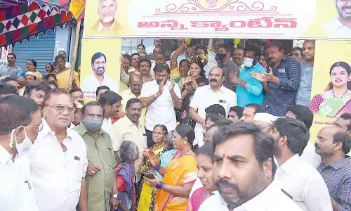 TDP leaders inaugurating Anna Canteen at Quarry Centre in Rajamahendravaram on Friday
