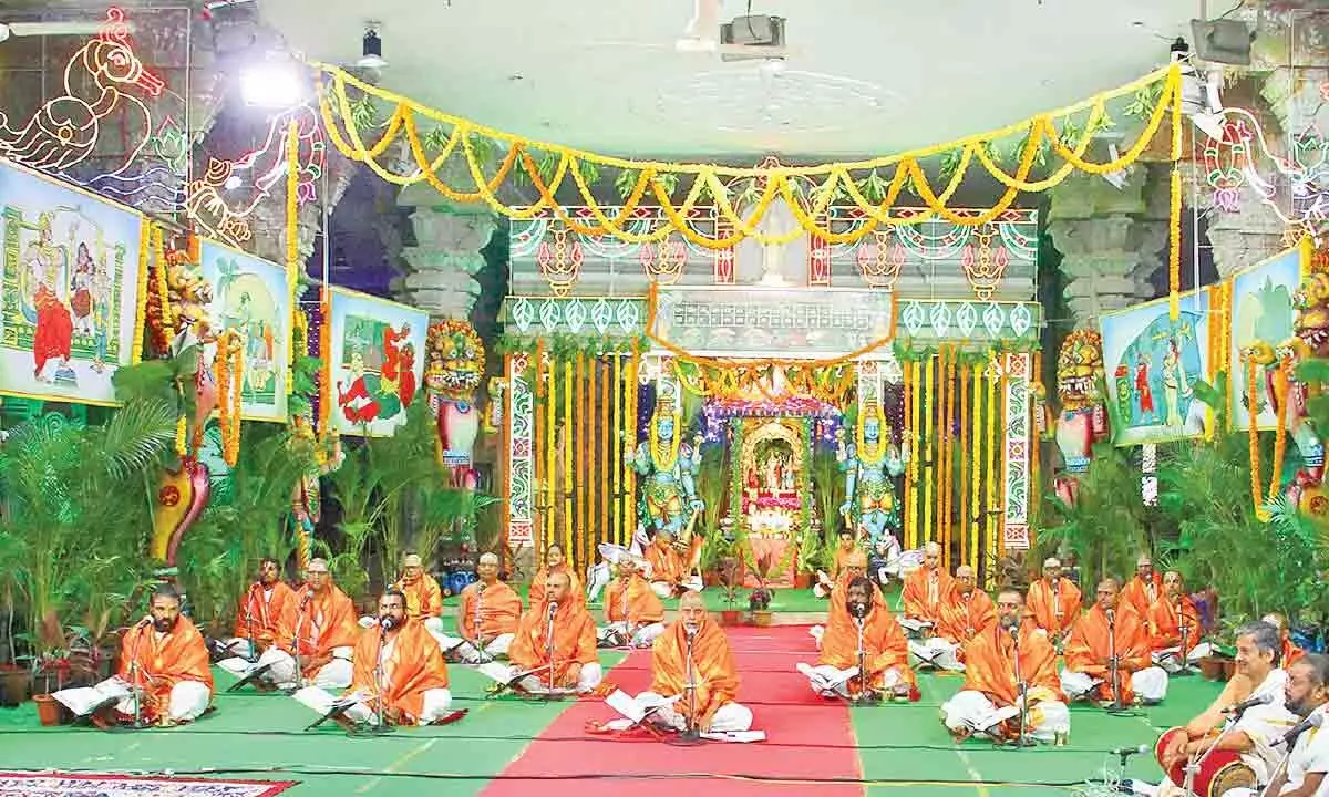 Vedic pundits and devotees taking part in Aranyakanda Parayanam at Vasanta Mandapam at Tirumala on Saturday