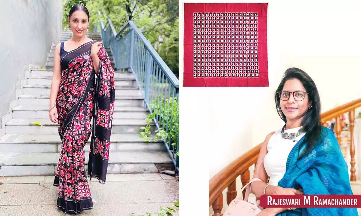 Eeshita Joneja in Telia Rumal woven by master weaver Gajan Govardhan(Left); Telia Rumal by Gajam Govardhan