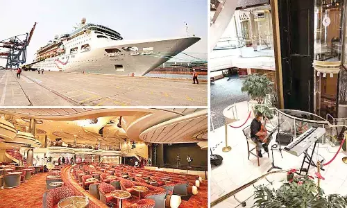 Cordelia cruise docked in Visakhapatnam(Left Top); Plush interiors of The Empress(Left Bottom); Live band at Cordelia Cruise (Right)