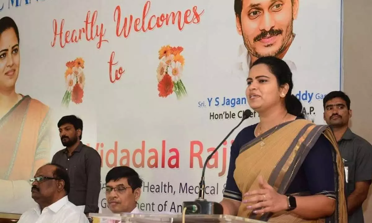 Health and District In-charge Minister Vidadala Rajini addressing at a panel discussion held in Visakhapatnam on Sunday