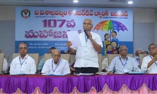 Chairman of Visakhapatnam Cooperative Bank Ltd Chalasani Raghavendra Rao speaking at the annual general meeting in  Visakhapatnam on Sunday