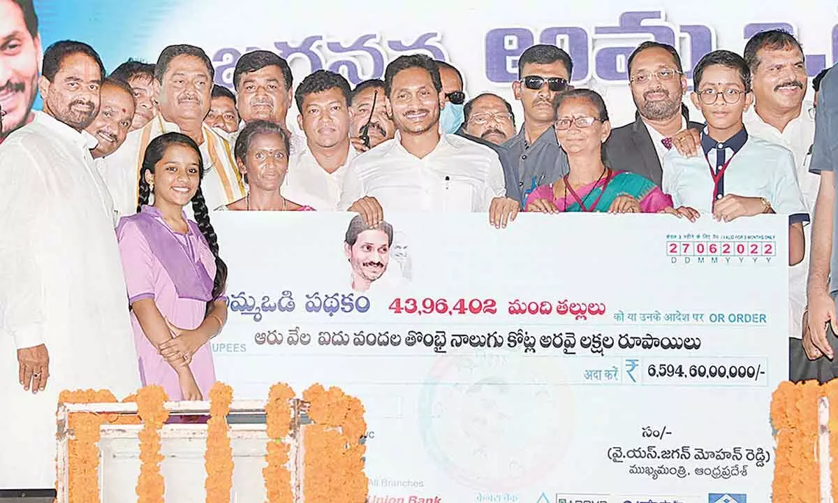 Chief Minister Jagan Mohan Reddy releasing the benefits of Jagananna Amma Vodi for the third consecutive year in Srikaulam on Monday