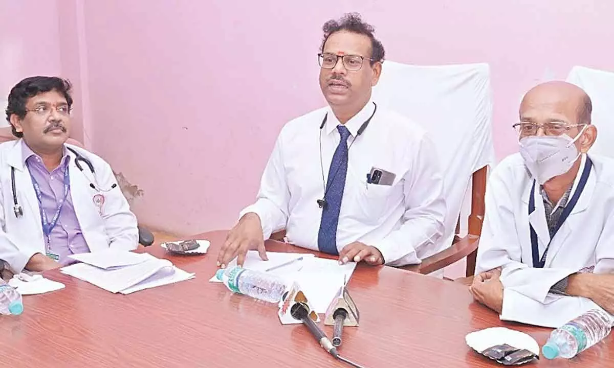 Nodal officers of MRHRU and MRU  Dr G Ravi Prabhu and Dr A S Kireeti along with  SV Medical College principal  Dr P A Chandrasekh-aran speaking to the media in Tirupati on Monday