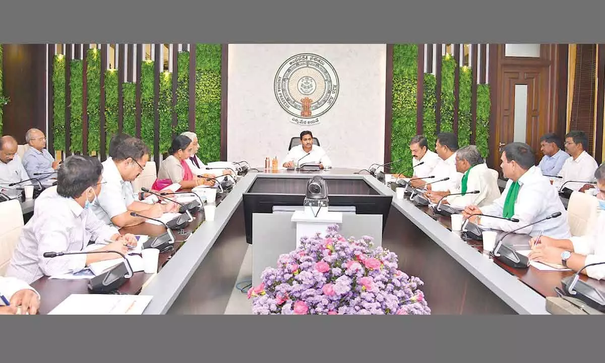 Chief Minister Y S Jagan Mohan Reddy holding a review on agriculture at his camp office in Tadepalli on Monday