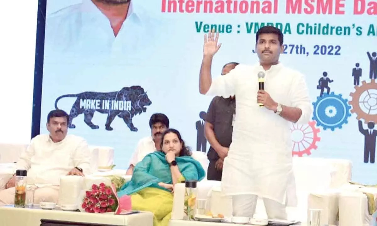 Minister for Industries, Infrastructure, Investment and IT Gudivada Amarnath speaking at a programme organised to mark the ‘World MSME Day’ in Visakhapatnam on Monday