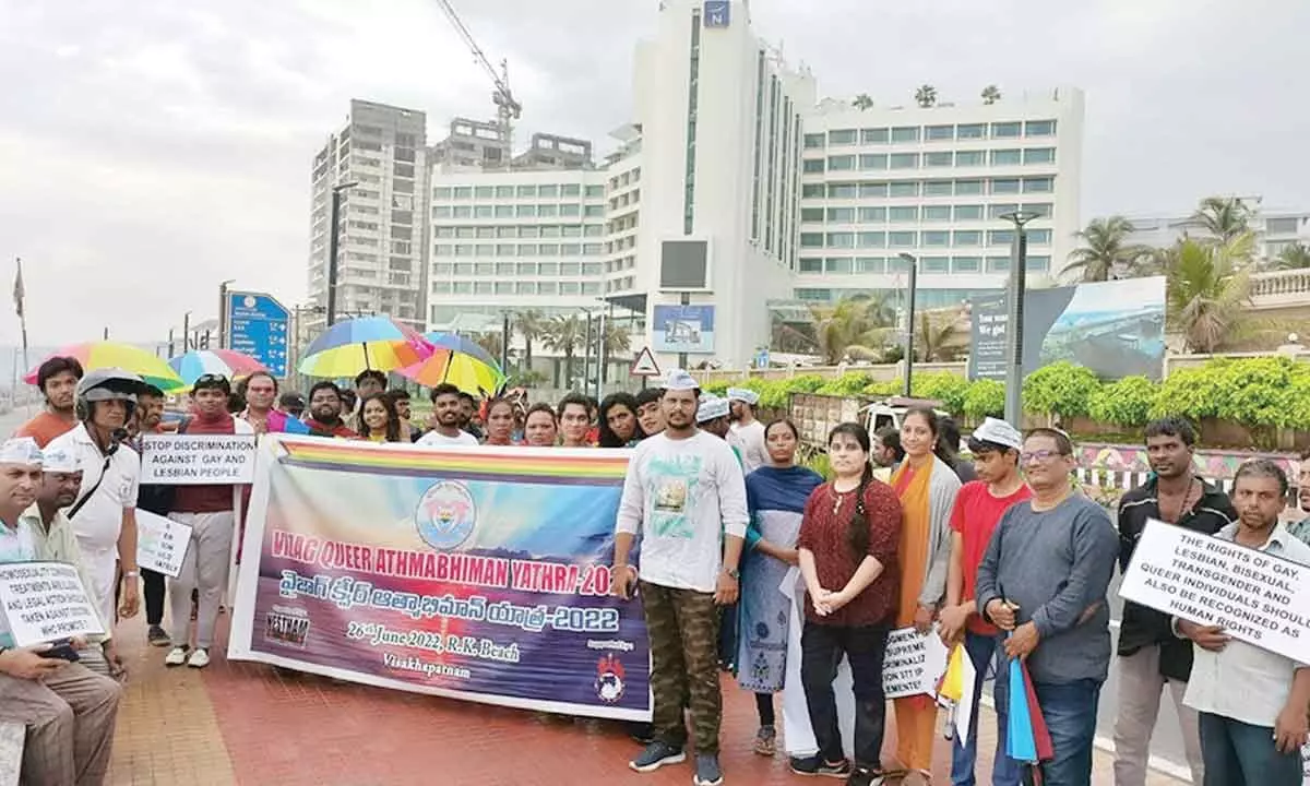 Participants of pride walk organised by Nestham at Beach Road in Visakhapatnam