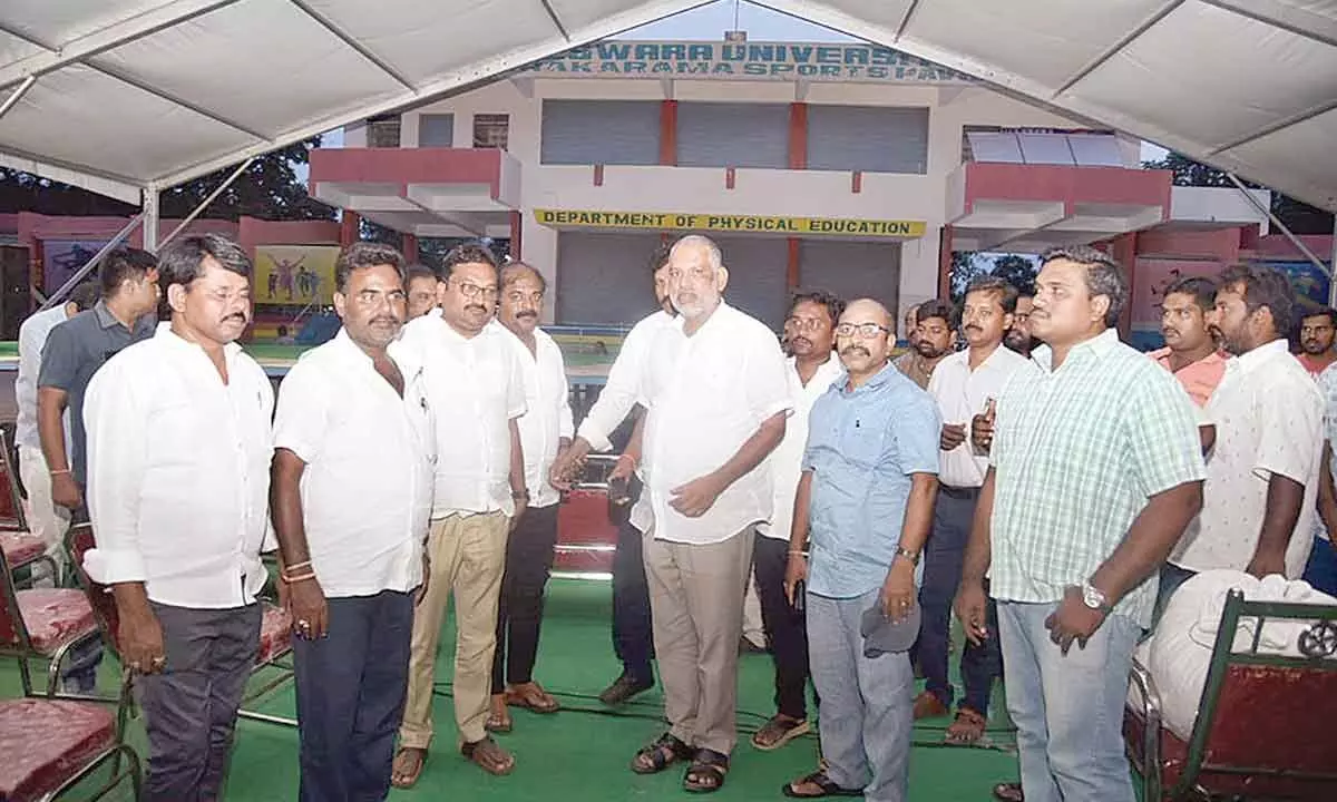 YSRCP Tirupati district president Chevireddy Bhaskar Reddy inspecting the plenary arrangements at SV University Taraka Rama stadium on Monday evening