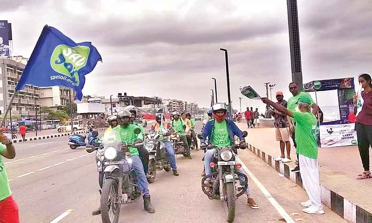 Riders commencing the ‘ride for soil’ rally at RK Beach in Visakhapatnam on Tuesday