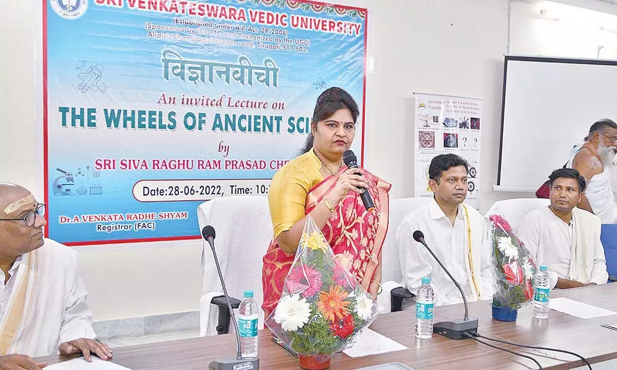 TTD Joint Executive Officer Sada Bhargavi addressing a meeting at Vedic University in Tirupati on Tuesday