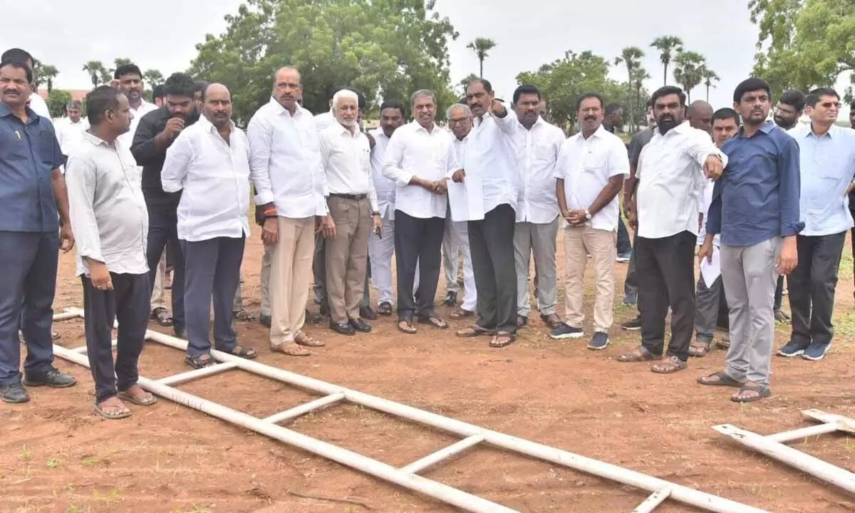 MP Vijayasai Reddy, Chief Adviser to the government Sajjala Ramakrishna Reddy, MLCs Talasila Raghuram and Lella Appi Reddy, and Chief Whip in the State Legislative Council Dr Ummareddy Venkatesarulu at Bible Mission Grounds in Guntur on Wednesday