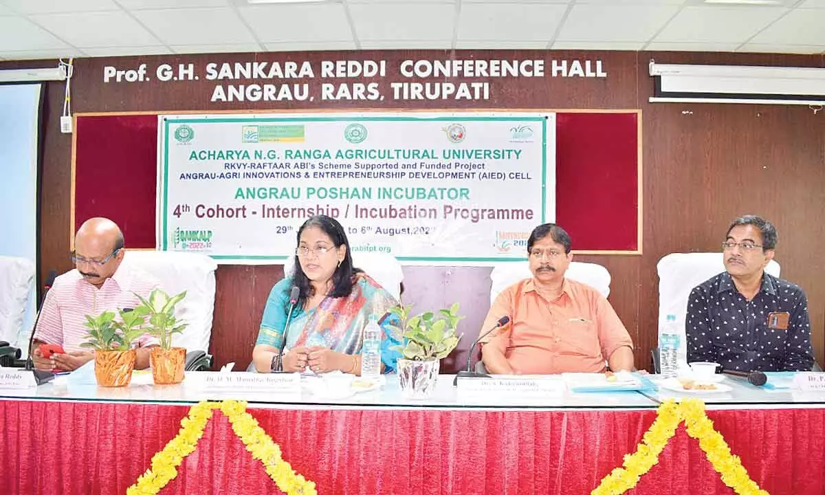 SPMVV Registrar Prof Mamatha addressing the agri entrepreneurs at RARS in Tirupati on Wednesday