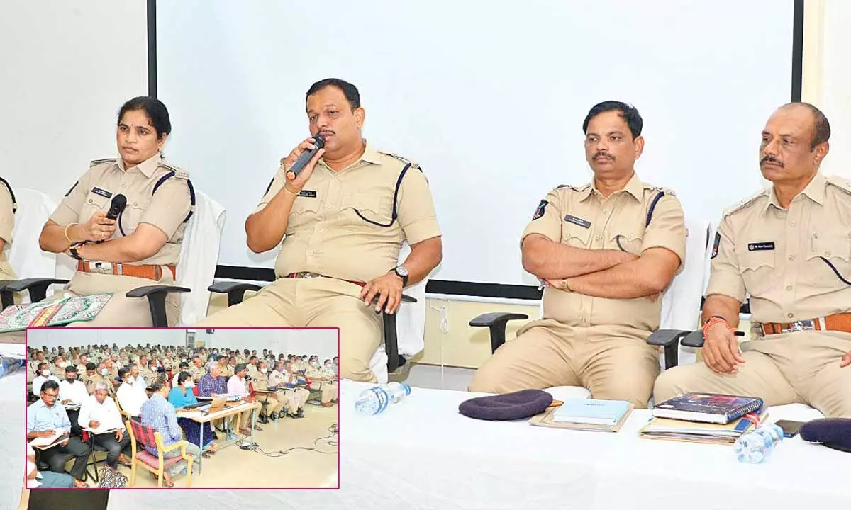 SP P Parameswara Reddy addressing police personnel at the monthly crime review meeting held in Tirupati on Wednesday