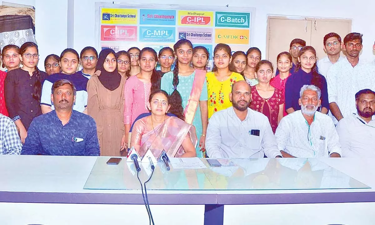 Sree Chaitanya Educational Institutions Inter students along with teachers in Khammam on Wednesday