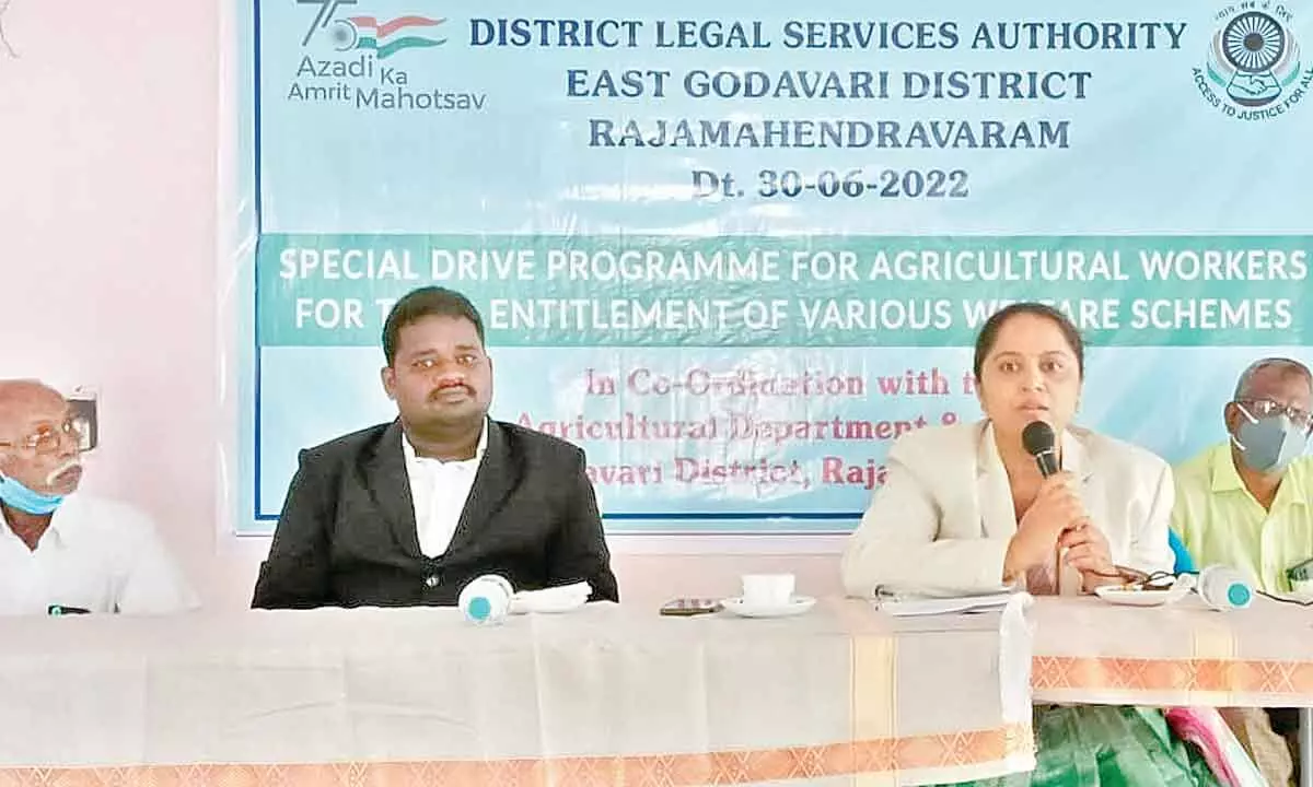 DLSA secretary Pratyusha Kumari speaking at a meeting in Rajavolu village on Thursday