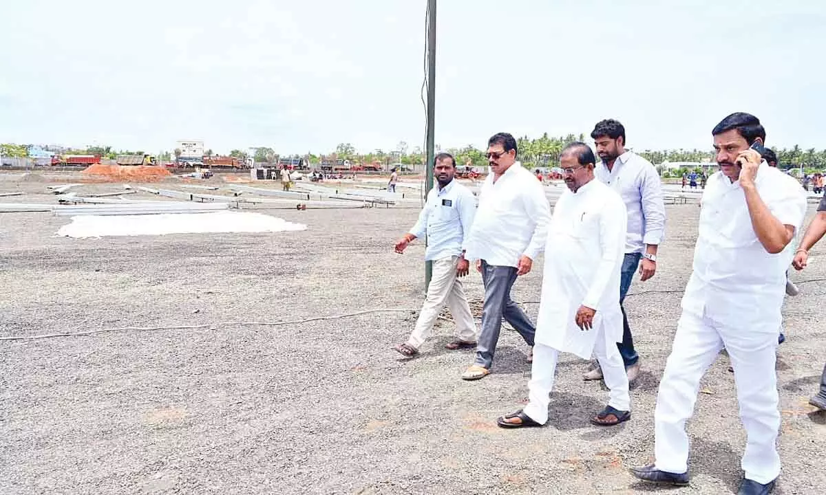 BJP State president Somu Veerraju inspecting the meeting area with the officials and party leaders in Bhimavaram on Thursday