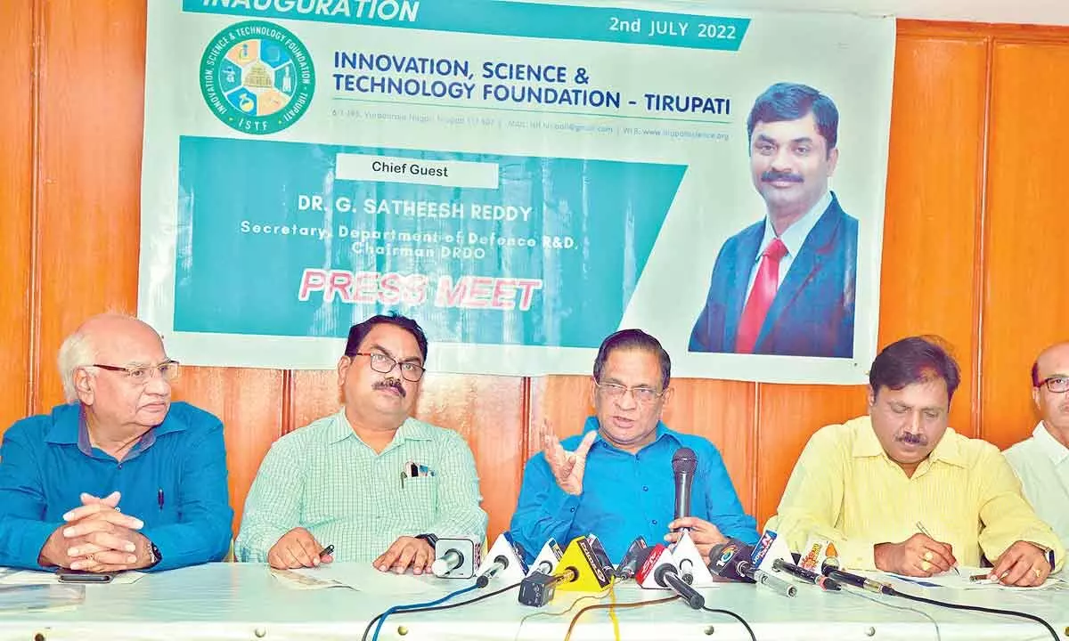 Prof D Narayana Rao addressing media on setting up of Innovation, Science and Technology Foundation in Tirupati on Thursday