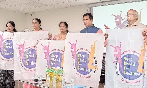 Krishna University Vice-Chancellor KB Chandrasekhar, AP Bar Council member Sunkara Rajendra Prasad, Taruni Tarangalu general secretary G Jyotsna and SAFE executive member Vijayalakshmi launching the  logo SAFE at SDM Siddhartha Mahila Kalasala in Vijayawada on Thursday 	Photo: Ch Venkata Mastan