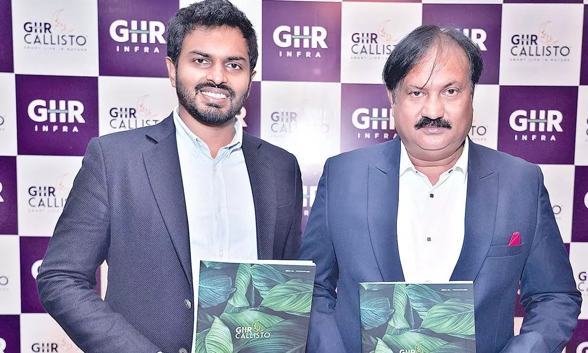 Karteesh Reddy Madgula and V Shyam Sunder Reddy launching GHR Callisto brochure