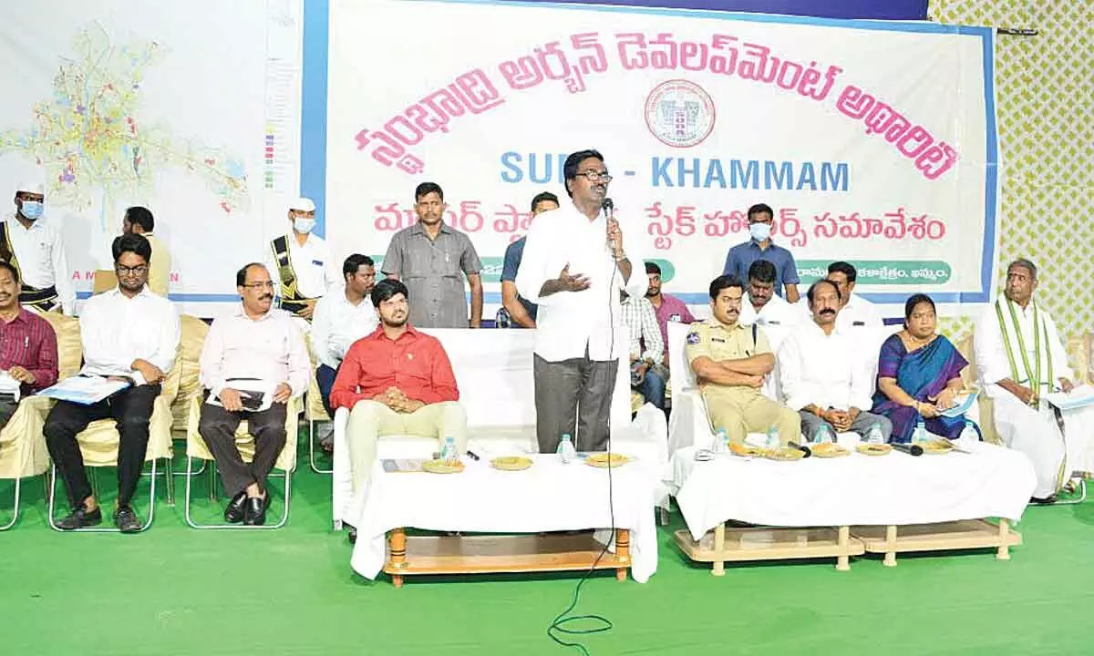 Transport Minister Ajay speaking at a SUDA master plan meeting in Khammam on Saturday